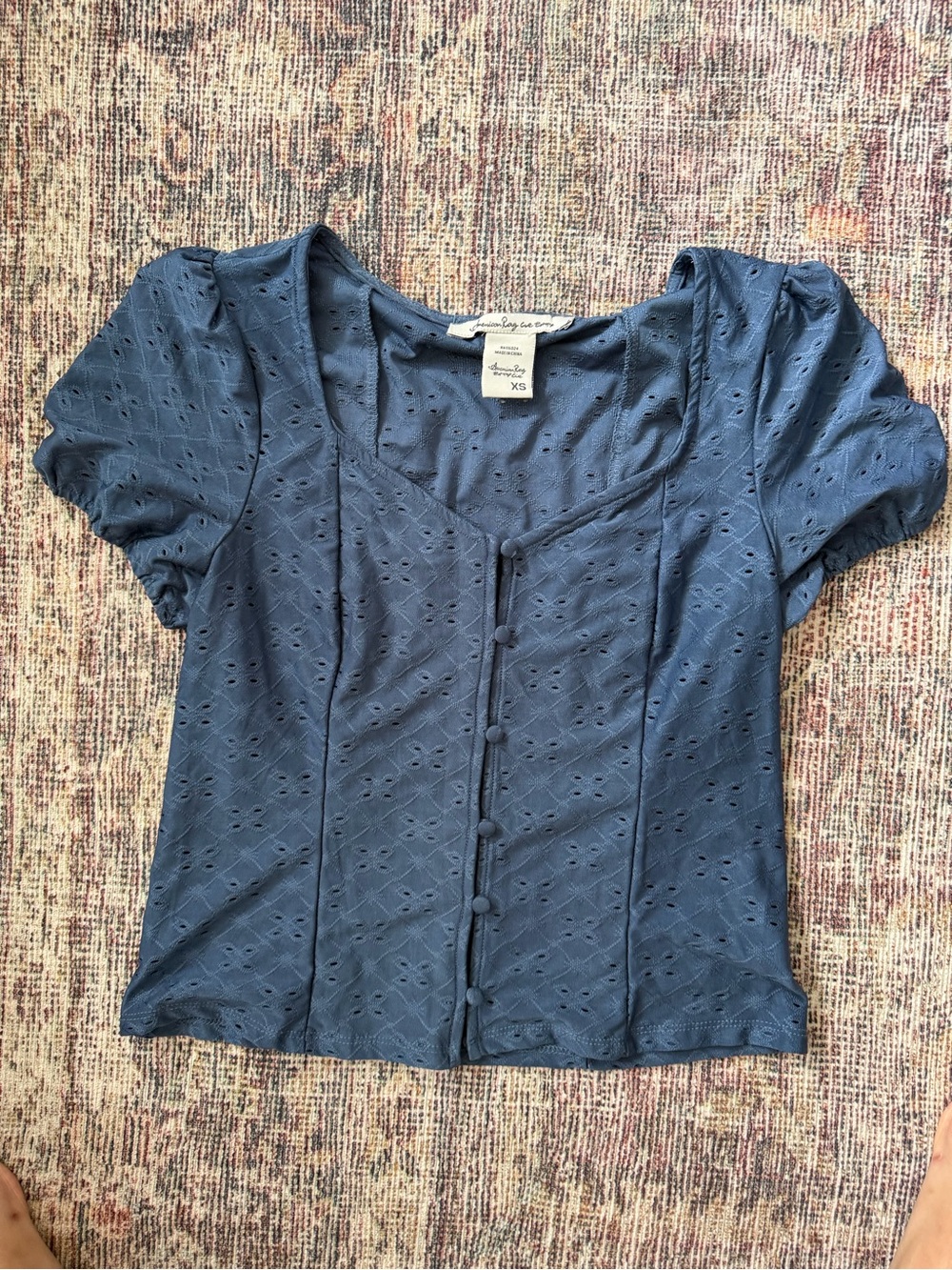 American Rag Navy Eyelet Button-Front Short Sleeve Top